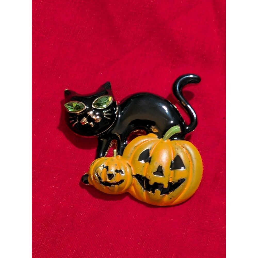 Vintage Halloween Black Cat Pumpkin Brooch Pin Enamel Jack O Lantern Rhinestone